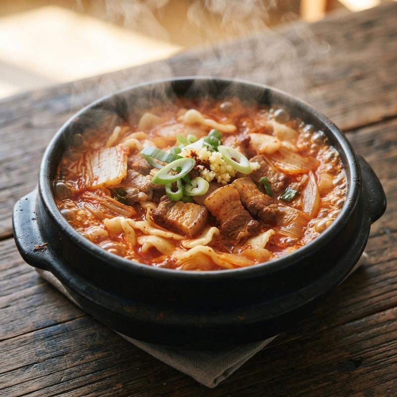 원팬 돼지고기 김치 수제비