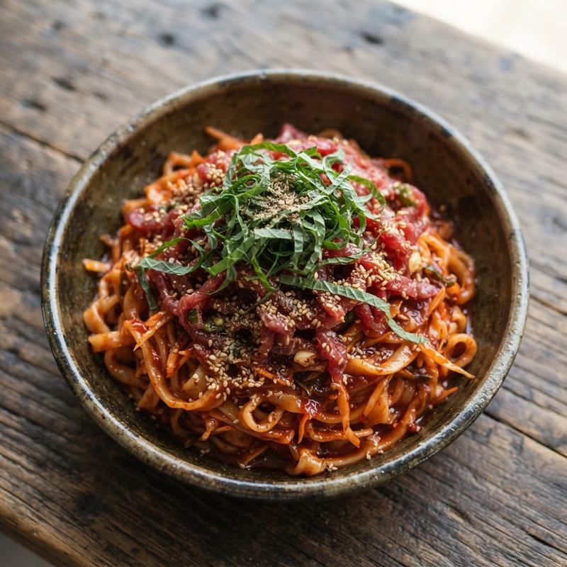 들기름 육회 칼빔면